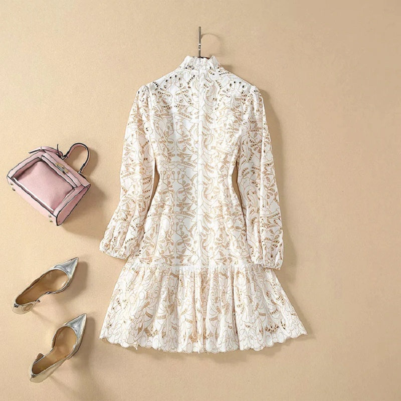 Ruffles Lantern Sleeve Hollow Out Single Breasted Lace Mini Dress