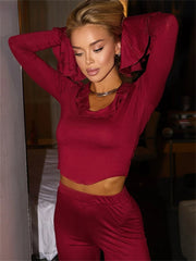Ruffles Long Sleeve T Shirt Tops Casual Skinny Trousers Pants Tracksuit