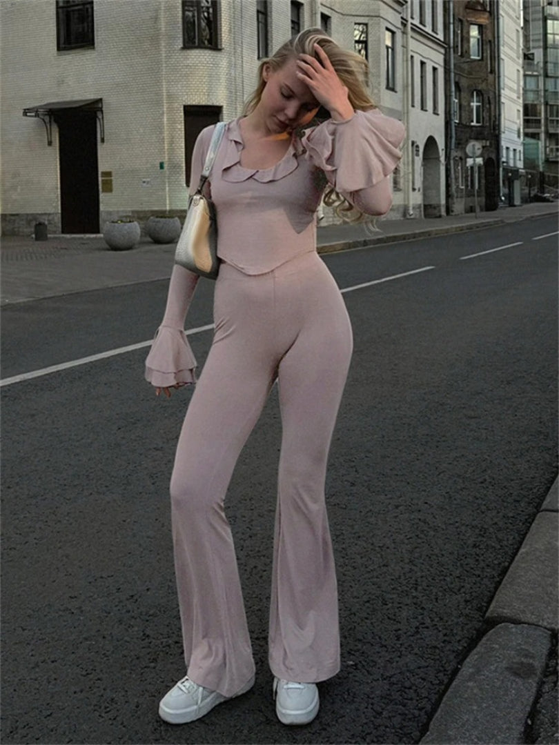 Ruffles Long Sleeve T Shirt Tops Casual Skinny Trousers Pants Tracksuit