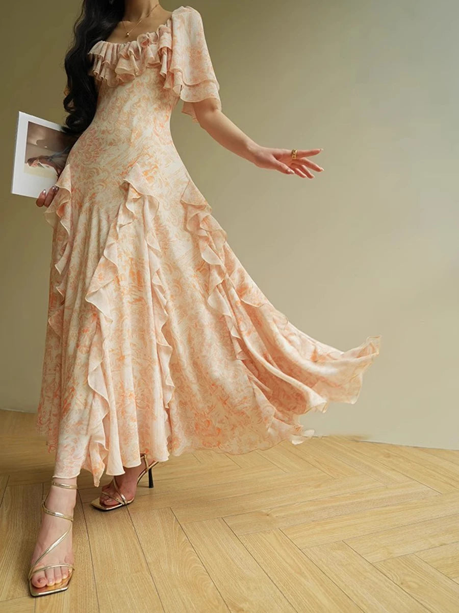 Ruffles O Neck Short Sleeve High Waist Temperament Slimming Dress