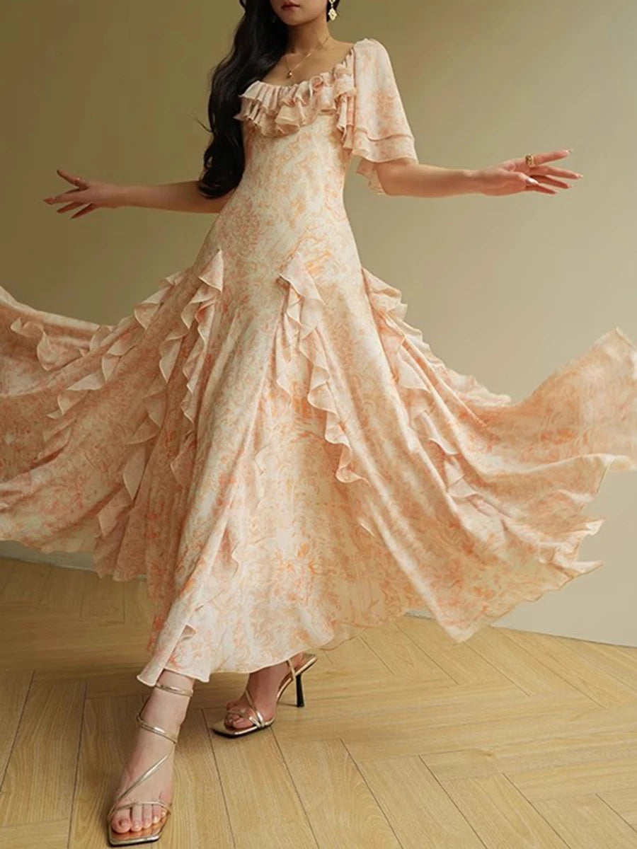 Ruffles O Neck Short Sleeve High Waist Temperament Slimming Dress