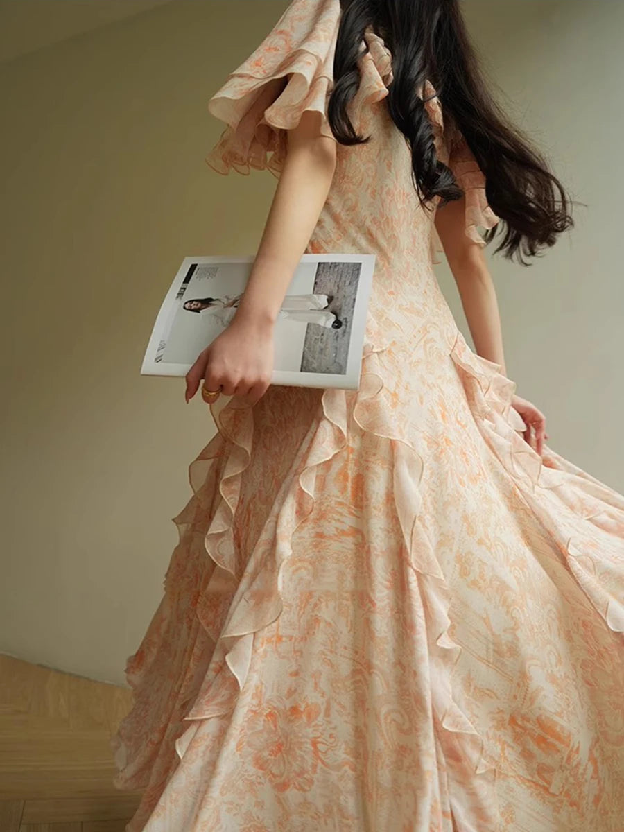 Ruffles O Neck Short Sleeve High Waist Temperament Slimming Dress