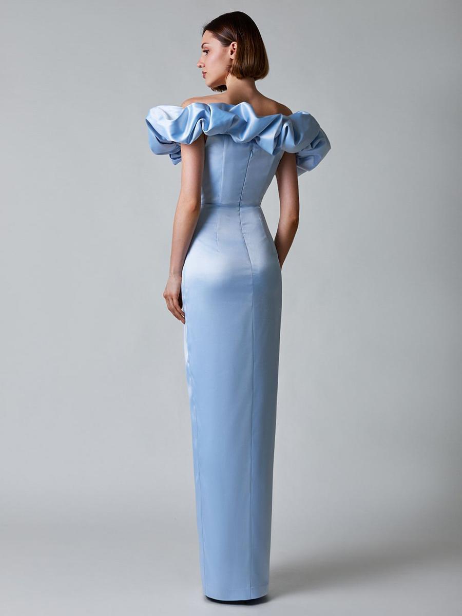 Ruffles Off The Shoulder High Slit Pleated Maxi Dresses