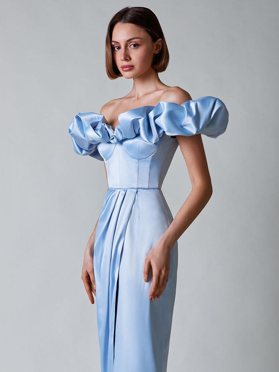 Ruffles Off The Shoulder High Slit Pleated Maxi Dresses
