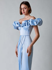 Ruffles Off The Shoulder High Slit Pleated Maxi Dresses