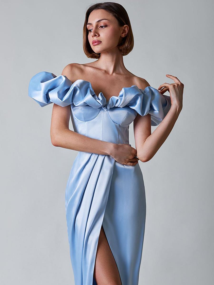 Ruffles Off The Shoulder High Slit Pleated Maxi Dresses