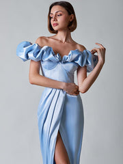 Ruffles Off The Shoulder High Slit Pleated Maxi Dresses
