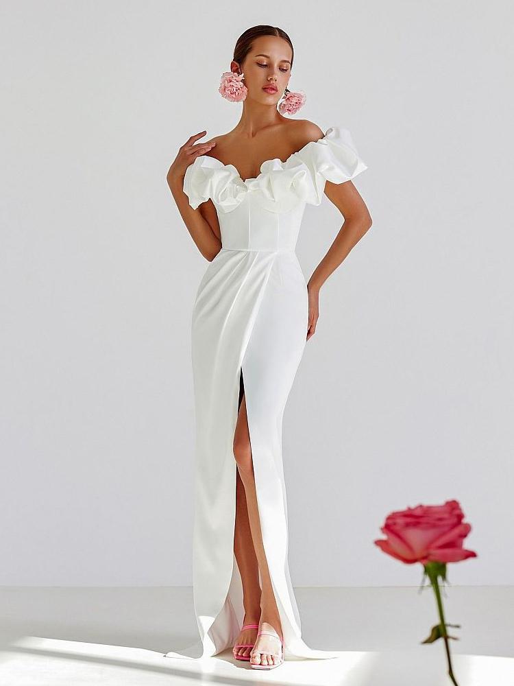 Ruffles Off The Shoulder High Slit Pleated Maxi Dresses