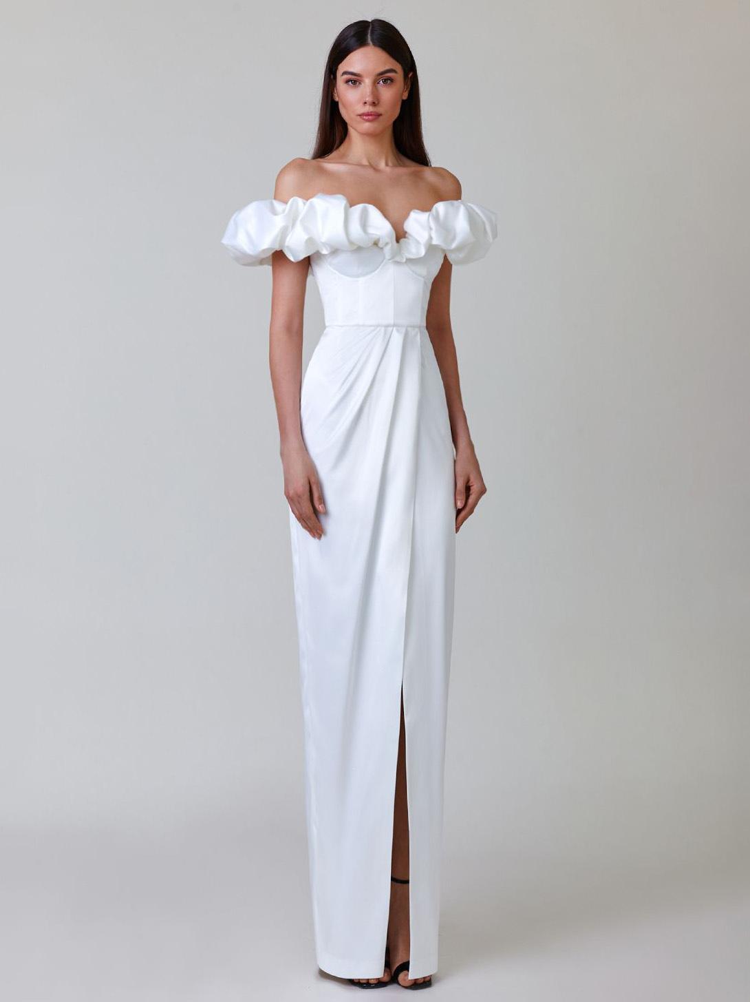 Ruffles Off The Shoulder High Slit Pleated Maxi Dresses