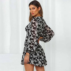 Ruffles Print Casual Long Sleeve V-Neck Dresses