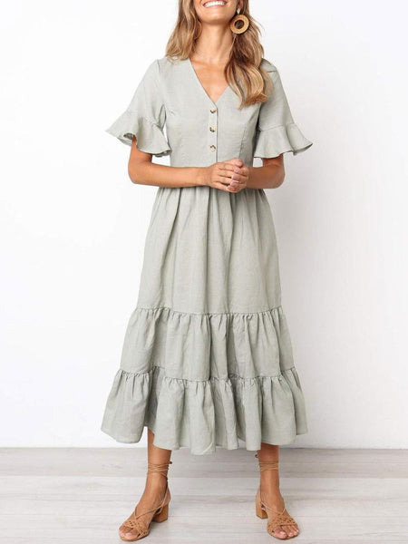 Ruffles Short Sleeves Cotton Maxi Dresses