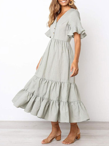 Ruffles Short Sleeves Cotton Maxi Dresses