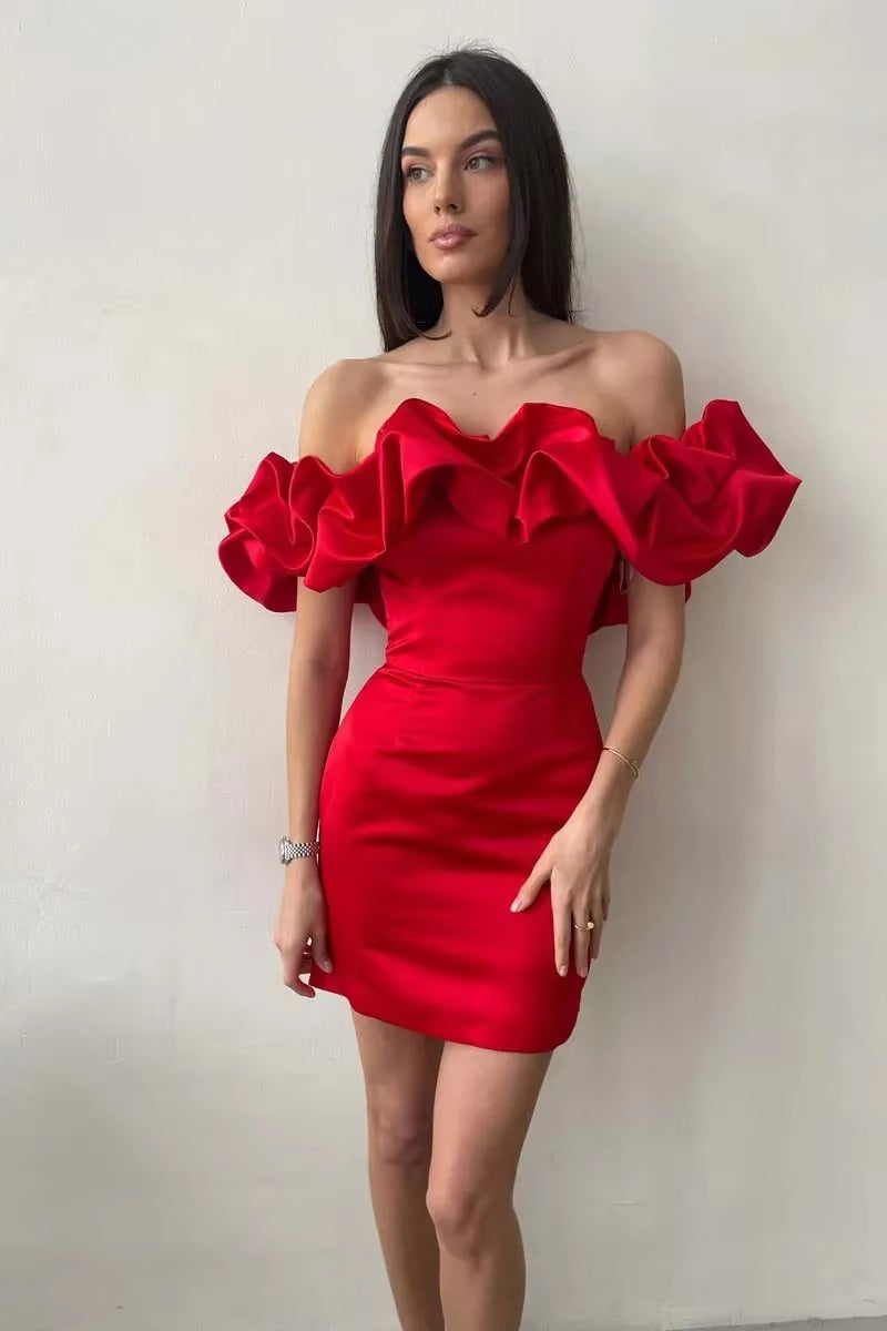 Ruffles Slash Neck Bodycon Streetwear Backless Strapless Mini Evening Dresses
