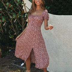 Ruffles Square Collar Puff Sleeve Boho Midi Dress