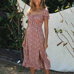 Ruffles Square Collar Puff Sleeve Boho Midi Dress