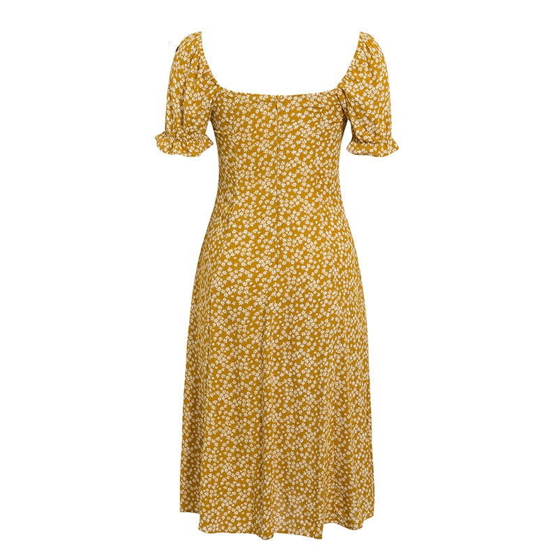 Ruffles Square Collar Puff Sleeve Boho Midi Dress