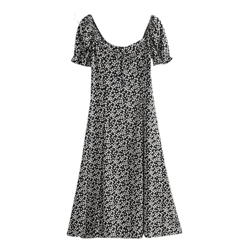 Ruffles Square Collar Puff Sleeve Boho Midi Dress