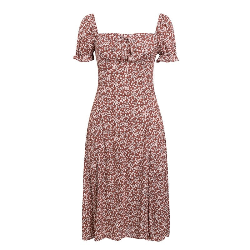 Ruffles Square Collar Puff Sleeve Boho Midi Dress