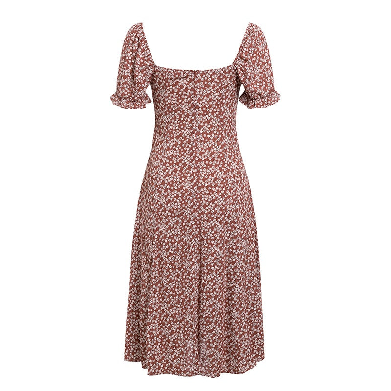 Ruffles Square Collar Puff Sleeve Boho Midi Dress