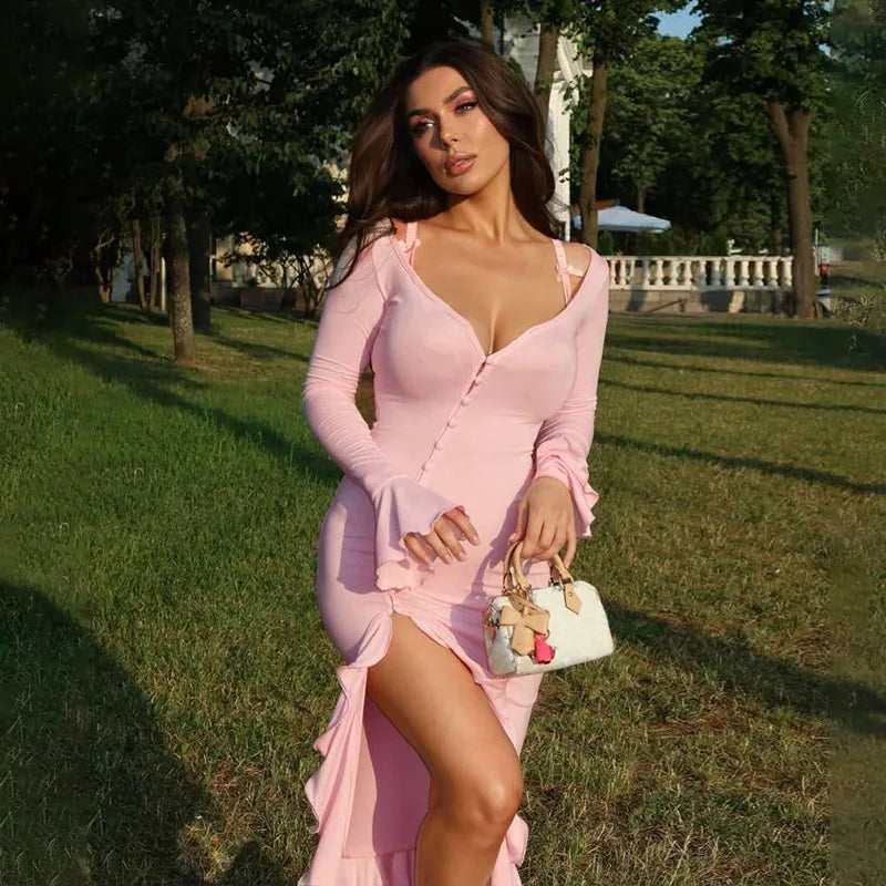 Ruffles V Neck Single-breasted Flare Sleeve Side Split Irregular Party Bodycon Dress