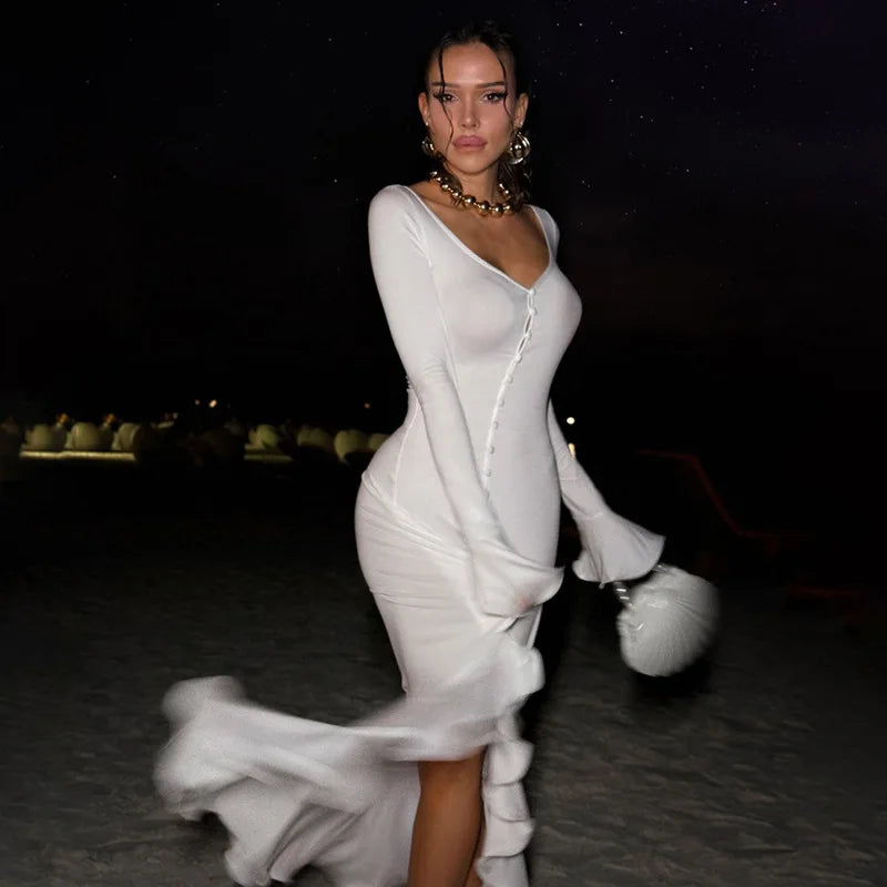 Ruffles V Neck Single-breasted Flare Sleeve Side Split Irregular Party Bodycon Dress