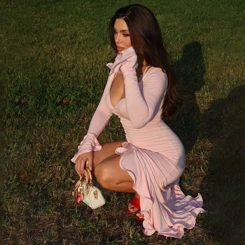 Ruffles V Neck Single-breasted Flare Sleeve Side Split Irregular Party Bodycon Dress