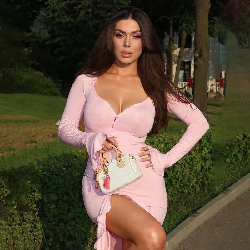 Ruffles V Neck Single-breasted Flare Sleeve Side Split Irregular Party Bodycon Dress