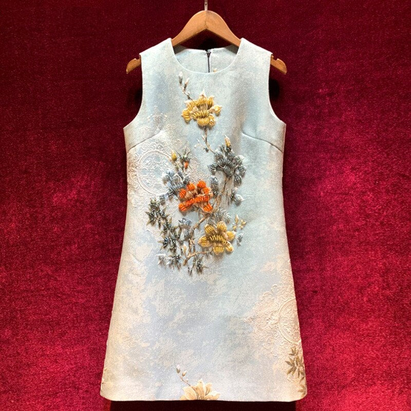 Elegant Runway Crystal Beaded Flower Print Jacquard A-Line Dress