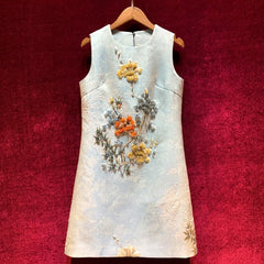 Elegant Runway Crystal Beaded Flower Print Jacquard A-Line Dress