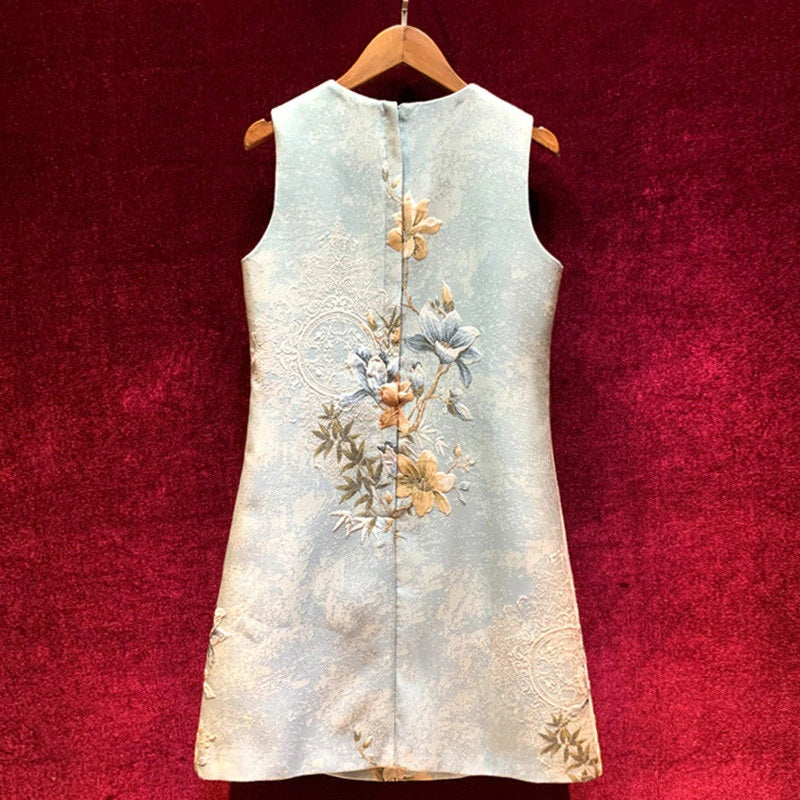 Elegant Runway Crystal Beaded Flower Print Jacquard A-Line Dress
