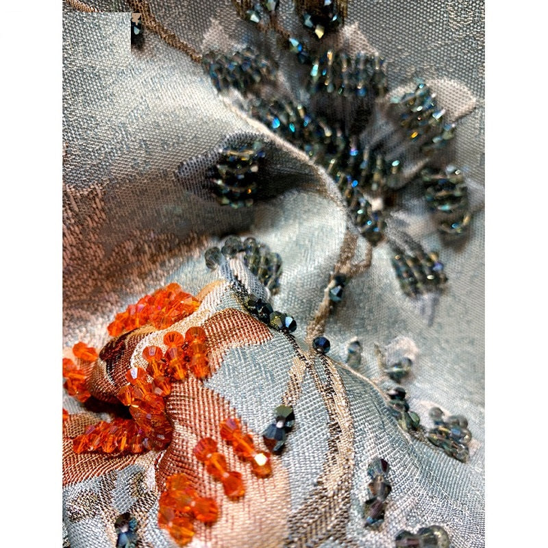 Elegant Runway Crystal Beaded Flower Print Jacquard A-Line Dress
