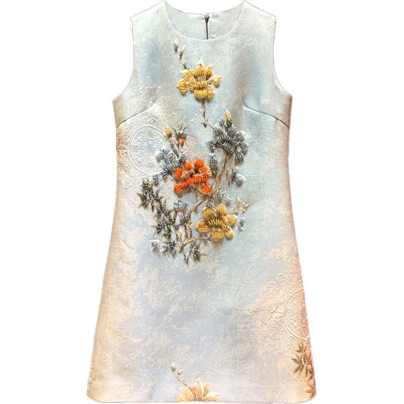 Elegant Runway Crystal Beaded Flower Print Jacquard A-Line Dress