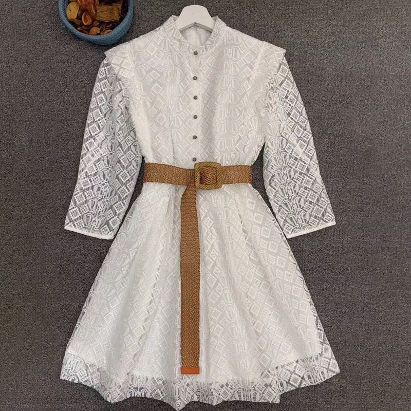 Runway Designer Solid Mesh Embroidery Bohemian Mini Dress