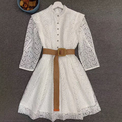 Runway Designer Solid Mesh Embroidery Bohemian Mini Dress