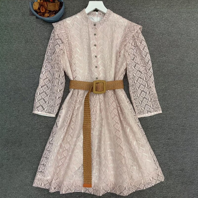 Runway Designer Solid Mesh Embroidery Bohemian Mini Dress