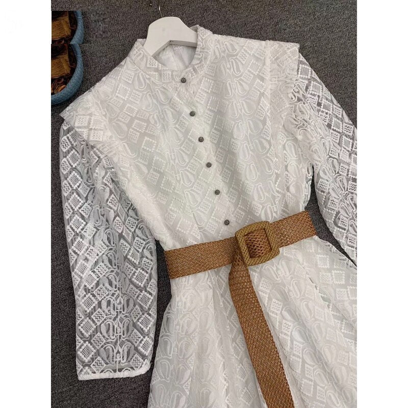 Runway Designer Solid Mesh Embroidery Bohemian Mini Dress