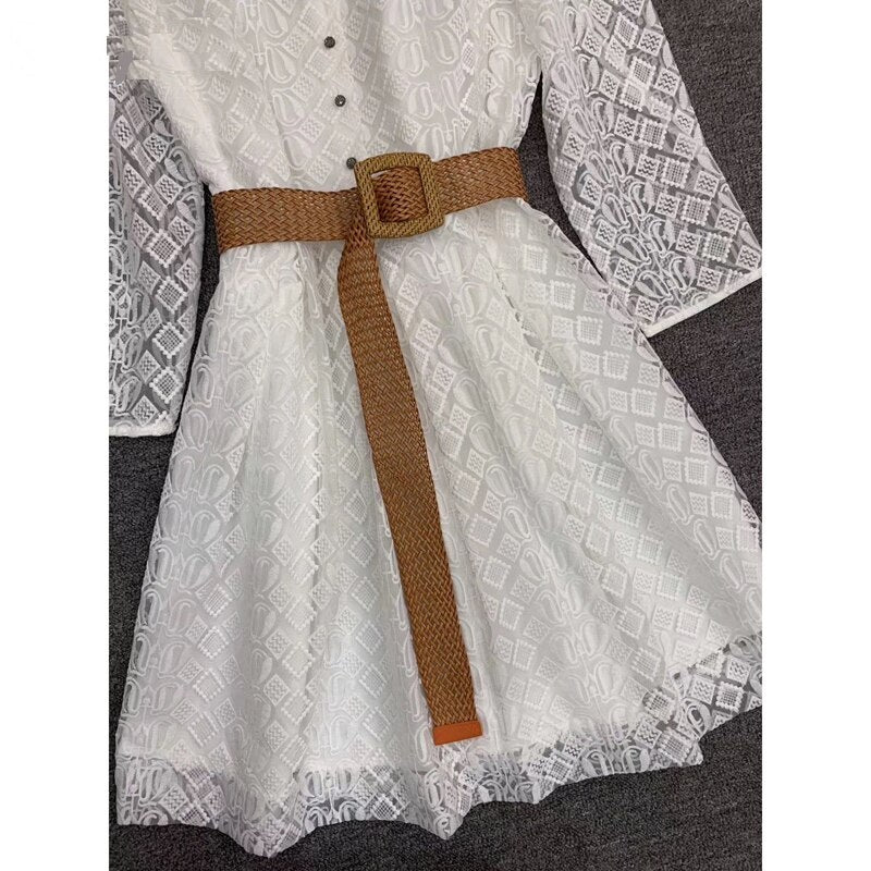 Runway Designer Solid Mesh Embroidery Bohemian Mini Dress