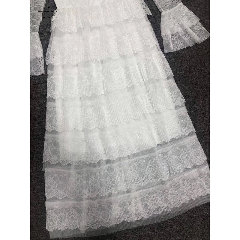 Runway  Flare Sleeve Cascading Ruffle Elegant Long Dress
