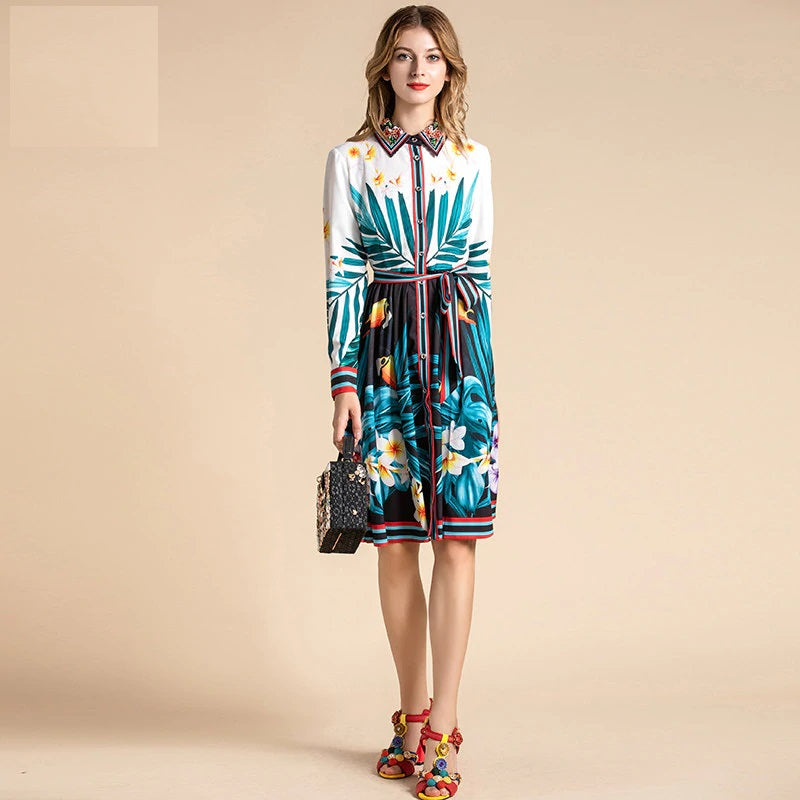 Runway Long Sleeve Birdie Floral Print Belted Beading Loose Shirt Dress