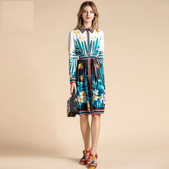 Runway Long Sleeve Birdie Floral Print Belted Beading Loose Shirt Dress