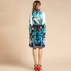 Runway Long Sleeve Birdie Floral Print Belted Beading Loose Shirt Dress