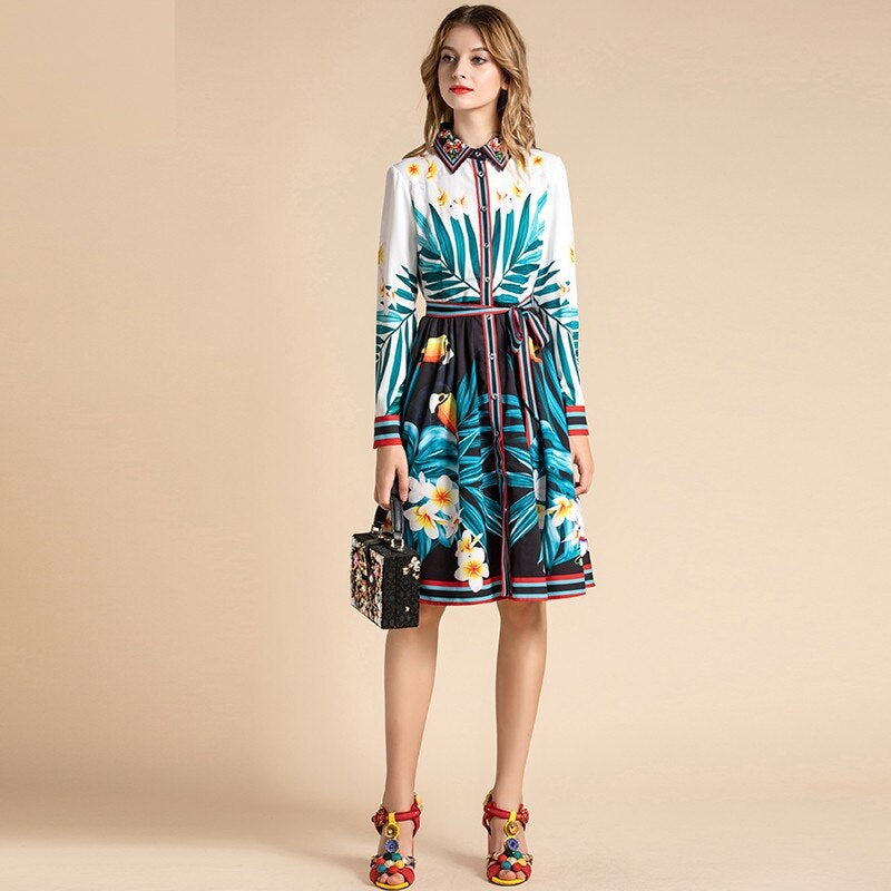 Runway Long Sleeve Birdie Floral Print Belted Beading Loose Shirt Dress