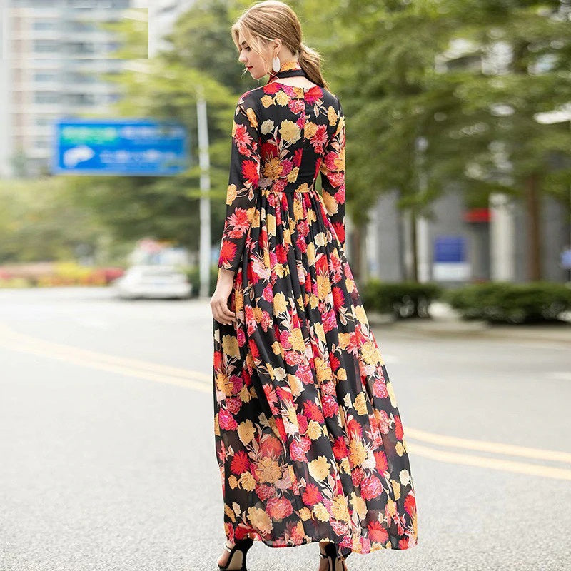 Runway Long Sleeve Elegant Flower Print Bohemian Robe Maxi Dress