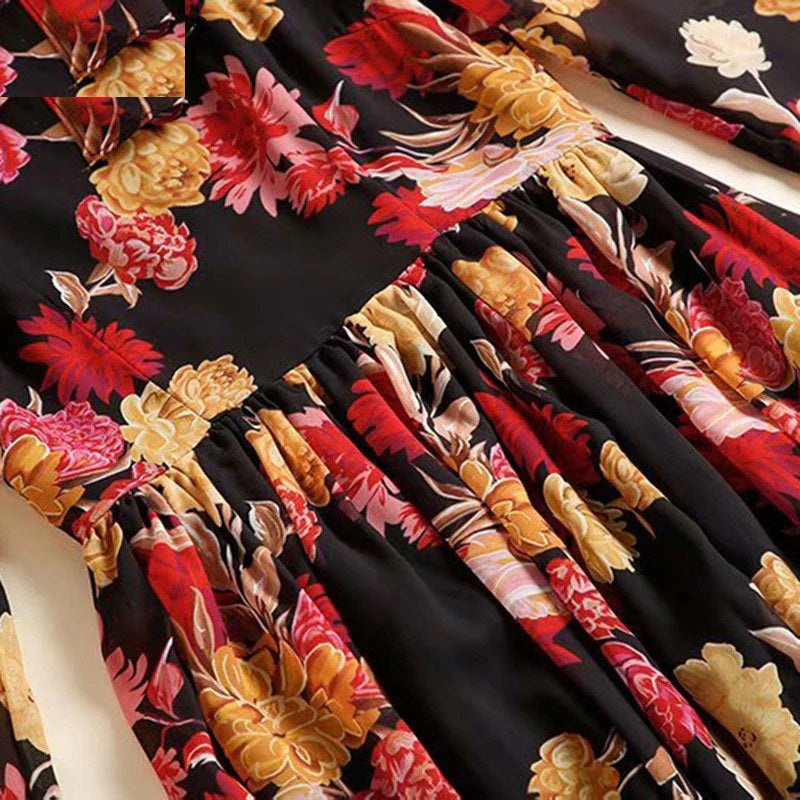Runway Long Sleeve Elegant Flower Print Bohemian Robe Maxi Dress
