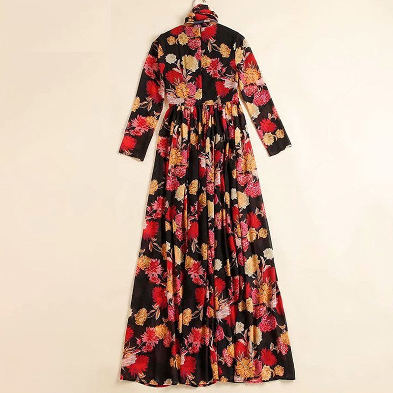 Runway Long Sleeve Elegant Flower Print Bohemian Robe Maxi Dress