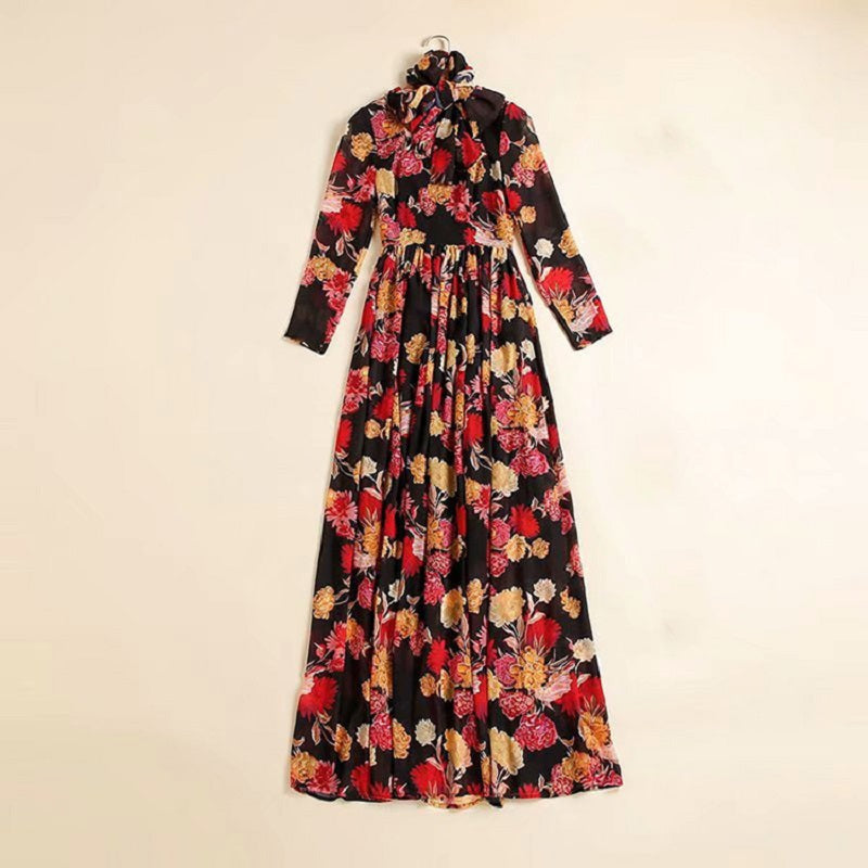 Runway Long Sleeve Elegant Flower Print Bohemian Robe Maxi Dress