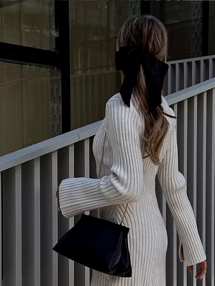 Casual O-neck Flare Sleeve Ribbed Pattern Knitted A-line Dress