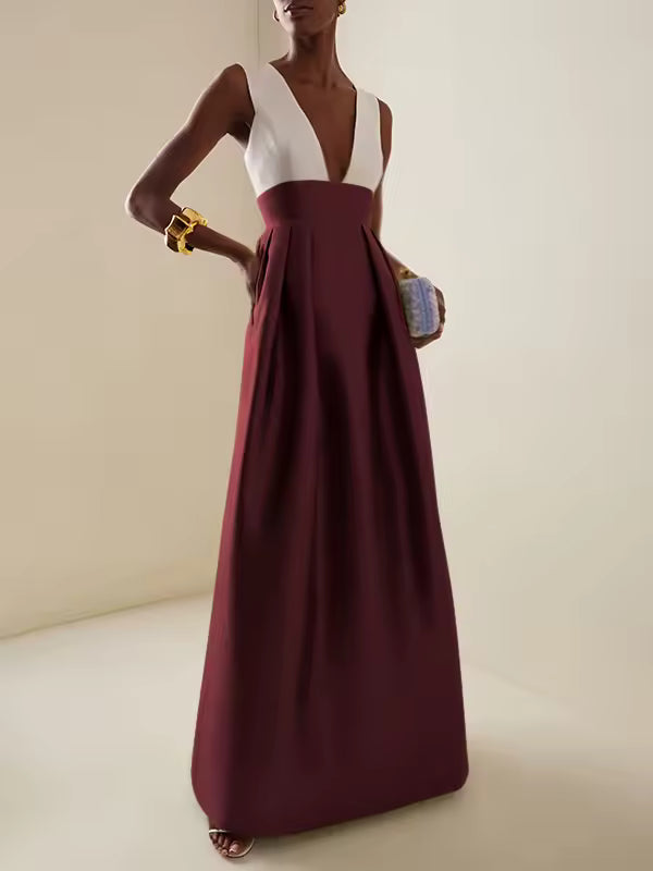 Elegant High Waisted Deep V-Neck Party Wedding Guest Evening Cocktail Maxi Dresses