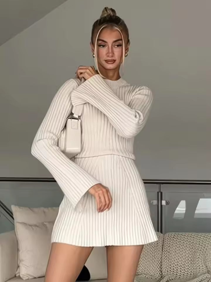 Casual O-neck Flare Sleeve Ribbed Pattern Knitted A-line Dress