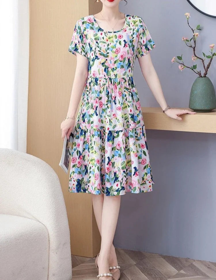 Elegant O-Neck Cotton Beach Flower Floral A Line Dresses